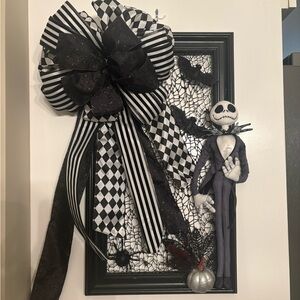 Black & White Striped Halloween Wall Decor with Jack Skellington Figure